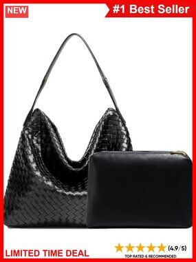 Woven Vegan Leather Tote Handbag and Clutch Set Hobo Crossbody Shoulder Bag